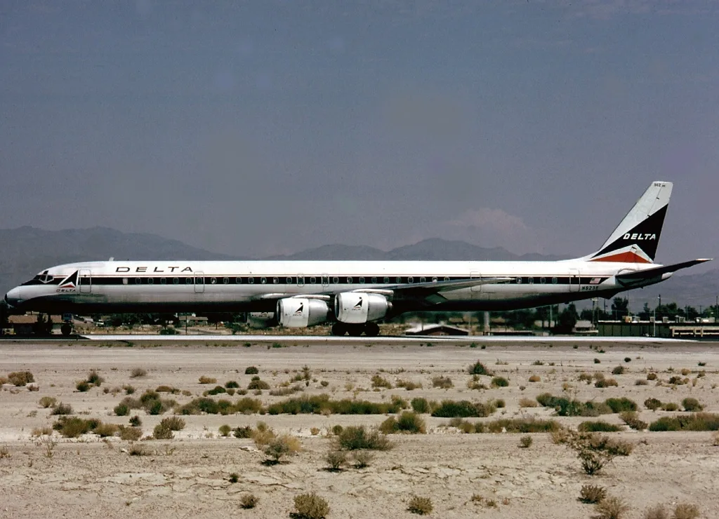Delta and United were the only 2 US major Al to convert their DC-8s to series -70 with high by-pass turbofan engines. One of the last Delta DC-8 is pictured on take off run at Las Vegas