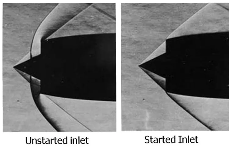 Shock wave structure about a supersonic axisymmetric cone inlet.  Left image shows unstarted flow.  Right image shows started flow.