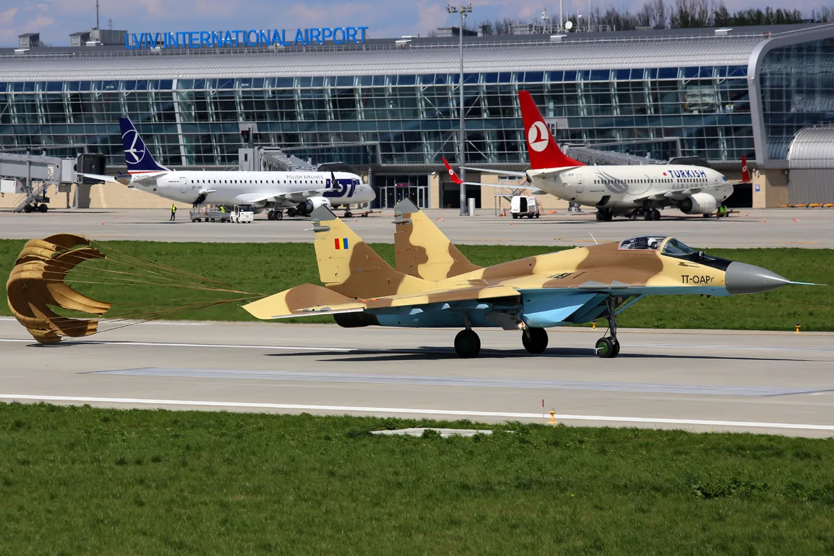 Chadian Air Force Mikoyan-Gurevich MiG-29SM (9-13) at Lviv International Airport. A MiG-29SM in the Chadian national colors at the Lviv State Aviation Maintenance Center during a test flight.